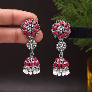 Round Rani Color Hanging Oxidised Earrings